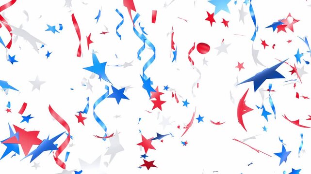 Stars, ribbons, and party streamers in America's colors, red, white, and blue. Confetti overlay for USA celebrations 4th of July, Memorial Day, Veteran's Day, or other patriotic US American holidays.
