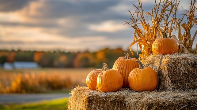 Orange pumpkins and cornstalks displayed on hay bales in autumn