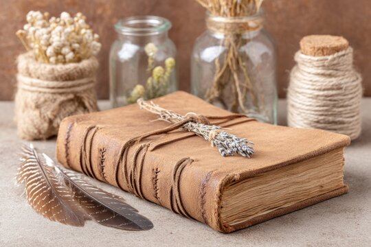 Vintage Leather Spell Book with Dried Herbs in Charming Halloween Still Life