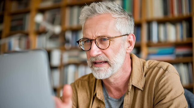 Mature man with glasses raises his hand in a gesture of disagreement or interruption during an online meeting or video call at home office