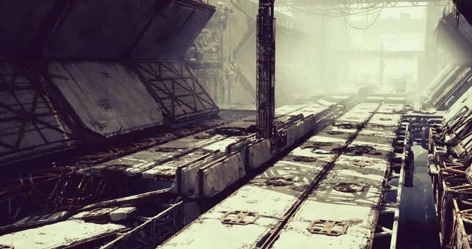dim futuristic transit platform with long shadows and neon highlights, empty terminal scene suggesting drone surveillance route, reflective panels, metallic