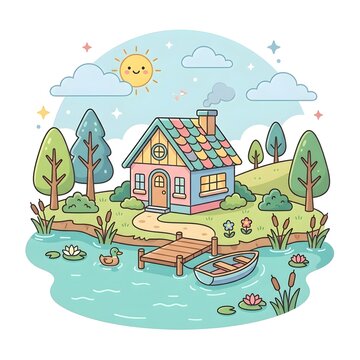 Peaceful Lake House Coloring Page for Kids | Water Home Printable Activity