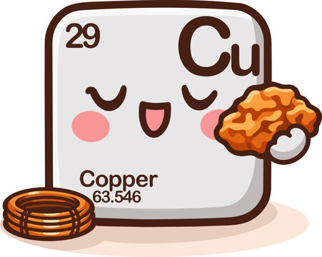 Cute kawaii illustration of copper chemical element from the periodic table with symbol Cu and atomic number 29. Adorable smiling character with copper wire coil and copper rock