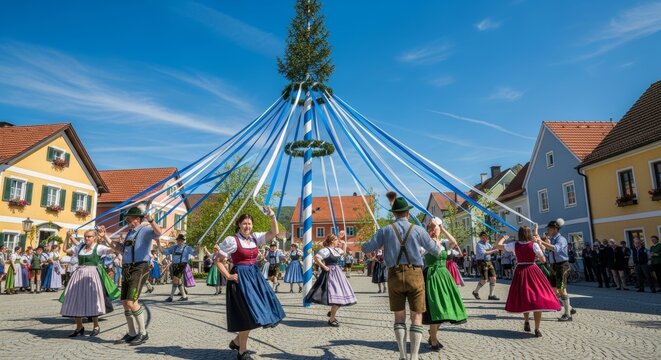 People in traditional Bavarian costume dancing around a Maypole in a village. Culture festival for travel brochure or greeting card.