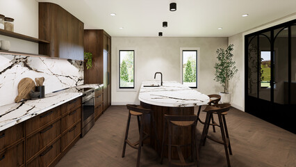 Obraz premium Minimalist kitchen design with marble island and natural light
