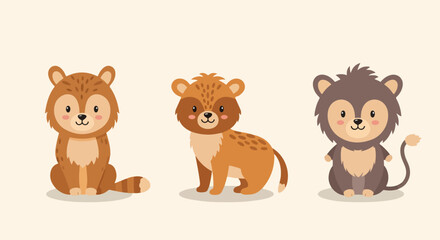 Obraz premium cartoon vector illustration set of wild animals plain background