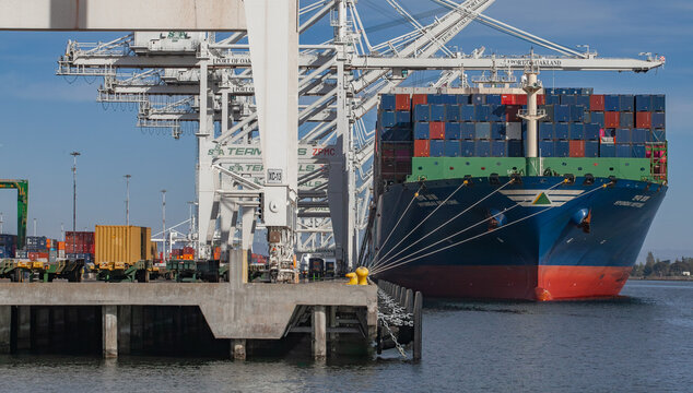 Cargo vessel secured at the Port of Oakland during routine maritime operations