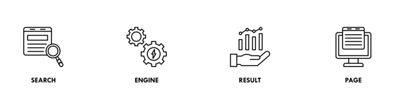 SERP banner web icon vector illustration concept for search engine result page with icon of web search, computer, search engine, mobile search, page result, and statistics graph