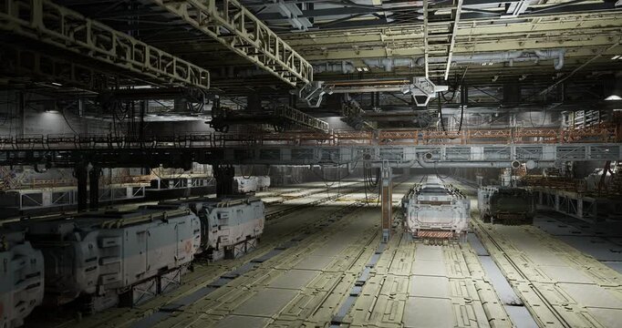 Heavy rail guided cargo system with overhead gantry and tracks, carriage alignment and precision calibration in progress, hoist and pulley assembly ready