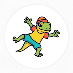 Naklejka premium Animated gecko character sporting a beanie, t-shirt, and shorts, posed playfully inside a white circle