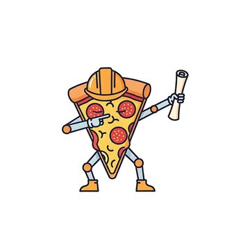 Cartoon-style illustration featuring a pizza slice as a mechanical construction worker with a hard hat, blueprint, and dab pose