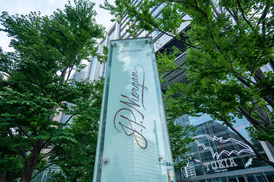 Tokyo, Japan - June 18, 2025: J.P. Morgan sign is seen outside the company's Tokyo office located in the Tokyo Building in the Marunouchi District. J.P. Morgan and Co. is an American multinational fin