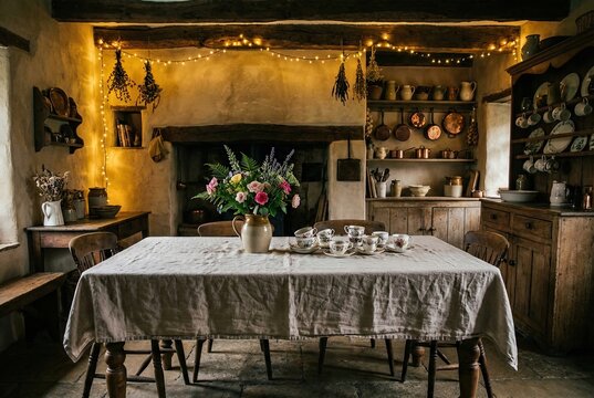 Rustic Cottagecore Kitchen Interior with Warm Lighting and Antique Decor