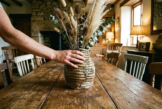 Close-up of a rustic setting with a handmade ceramic vase filled with dried flowers on a rough wooden dining table