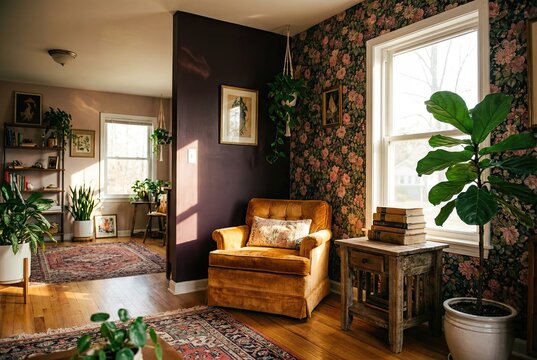 Cozy Living Room with Vintage Floral Wallpaper and Plush Velvet Armchair Bathed in Golden Hour Light
