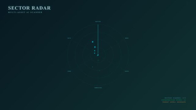 An AI financial advisor interface featuring a rotating radar scanner that identifies market opportunities across various asset classes within a dark holographic digital environment