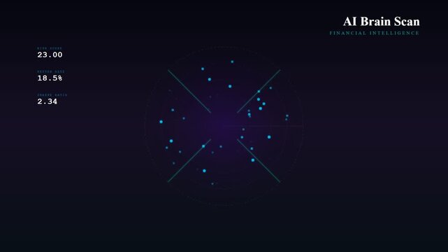 An advanced AI financial advisor interface visualizing complex data streams with shimmering blue particles and dynamic numeric indicators within a futuristic digital holographic circular display