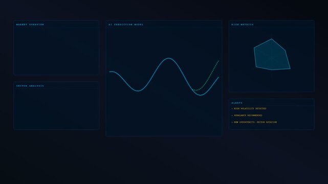 A futuristic AI financial advisor interface dynamically updates with pulsating blue line graphs and complex data visualizations across a sleek dark cybernetic digital dashboard