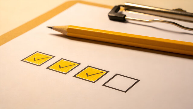 Checklist with pencil and clipboard showing completed tasks and one remaining task.
