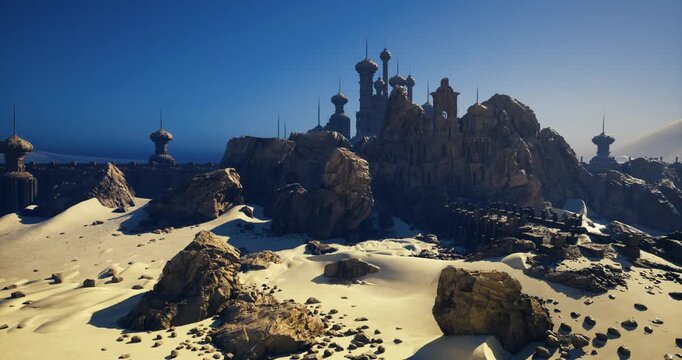 Expansive desert panorama with distant peaks and scattered ruin silhouettes, cartographer mapping ancient landscape contours for atlas project. Wide foreground