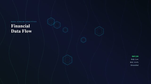 An advanced AI financial advisor interface displays undulating data streams and hexagonal nodes within a deep navy digital environment for sophisticated wealth management visualization