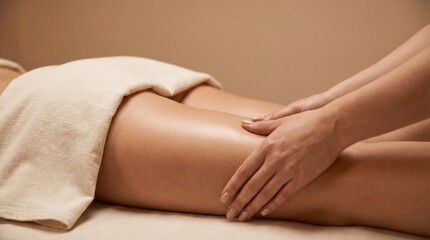 Fototapeta premium Female thighs massage close-up, gentle hands applying pressure, smooth skin texture, soft spa lighting, no face, isolated on warm beige background