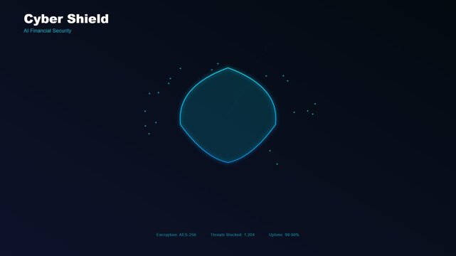 A sophisticated AI financial advisor visualized as a pulsating neon cyan protective shield surrounded by ethereal floating data particles against a deep cinematic dark background