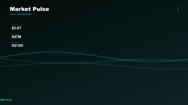 A sophisticated AI financial advisor interface displays undulating digital waveforms and real time stock market data flowing across a dark futuristic holographic command center screen