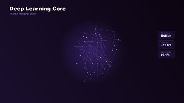 A sophisticated AI financial advisor interface manifesting as a luminous neural network that pulsates while revealing precise bullish sentiment and predictive market forecasting data analytics