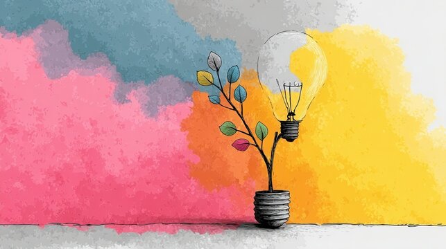 Growth mindset illustrated watercolor plant emerging from light bulb concept art creative environment inspirational viewpoint