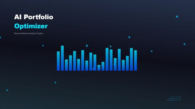An advanced AI financial advisor interface displaying dynamic glowing blue data visualizations and fluctuating neural network bar charts against a sleek dark holographic digital background