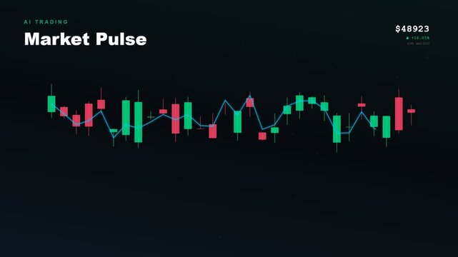 A dynamic interface of an AI financial advisor visualizing volatile cryptocurrency market trends through animated candlestick charts and blue trend lines on a sleek dark background