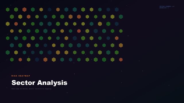 An advanced AI financial advisor interface displaying a dynamic risk heatmap for sector analysis with evolving hexagonal data patterns across a dark futuristic background