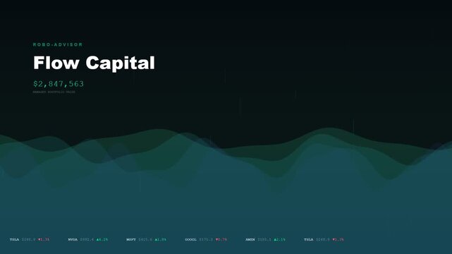A sophisticated AI financial advisor interface displays rapidly increasing capital values over an undulating fluid background with a sleek dark mode aesthetic for modern wealth management
