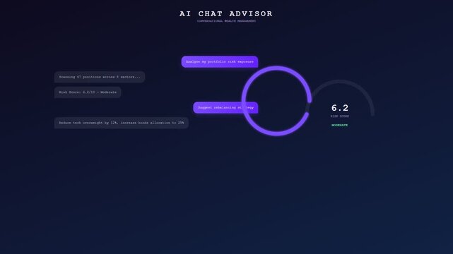 A futuristic AI financial advisor interface dynamically populates with sophisticated wealth management data and risk analytics across a dark minimalist digital background during a smooth animation