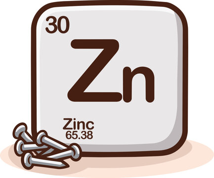 illustration of zinc chemical element from the periodic table with symbol Zn and atomic number 30. Educational chemistry design with metal nails, representing zinc as a metal used in galvanizing