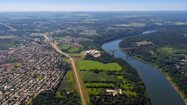 Aerial view of Tancredo Neves Bridge, Brazilian customs and Porto Meira district in Foz do Iguacu.