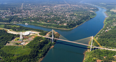 Obraz premium Aerial view of triple border between Argentina, Brazil and Paraguay at Iguazu River and Parana River.