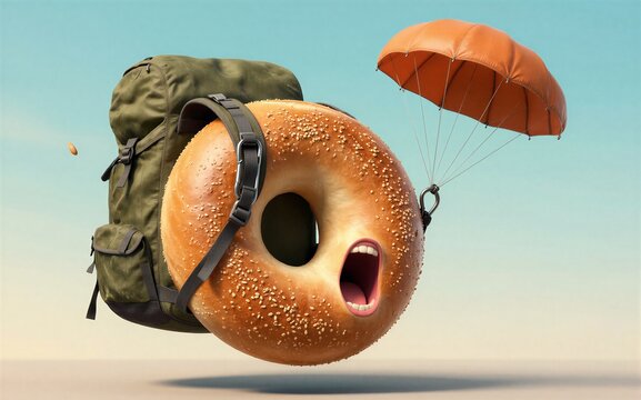 A joyful bagel with a face parachutes down carrying an olive green