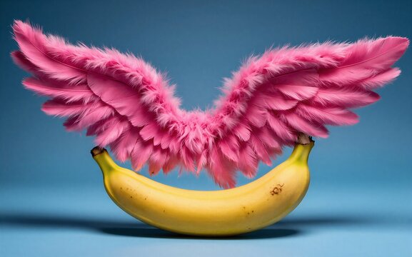 A banana with pink feather wings against a blue background.