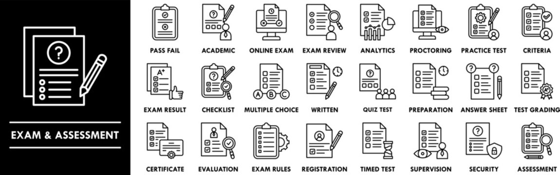 Exam and Assessment outline icon collection set. Containing design exam, examination, assessment, test, quiz
