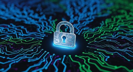 Digital Security Padlock with Circuit Board Lines Glowing in Cyberspace