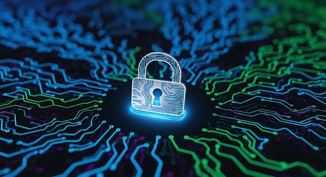 Digital Security Padlock with Circuit Board Lines Glowing in Cyberspace