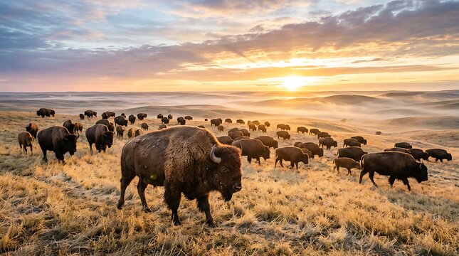 Majestic herd of American bison on the prairie at sunrise