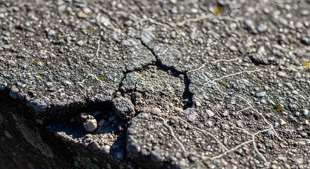Fototapeta premium Macro shot of cracked concrete surface with pebbles and moss. Weathered pavement texture with deep fissures. Urban decay and aging material background