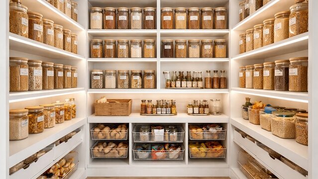 Organized pantry shelves with glass jars and food storage containers, modern kitchen organization concept
