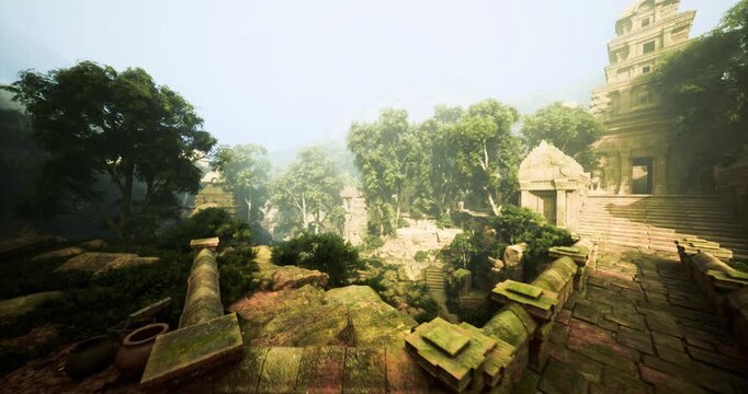 overgrown temple pool reflecting lush canopy, calm water mirroring mossy stones and broken columns sunbeams filter through leaves creating tranquil cinematic