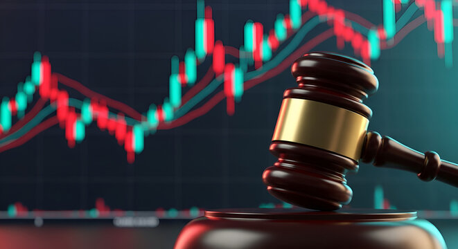 Wooden judge gavel resting on sounding block with stock market financial trading chart background.