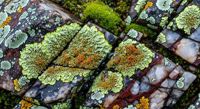 Close up of yellow green lichen on rocks with quartz veins. Orange apothecia and moss with water droplets. Macro nature texture