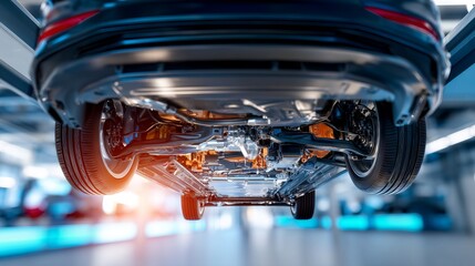Protective Casing of Car Fuel Tank Shown from Below in Automotive Workshop Space